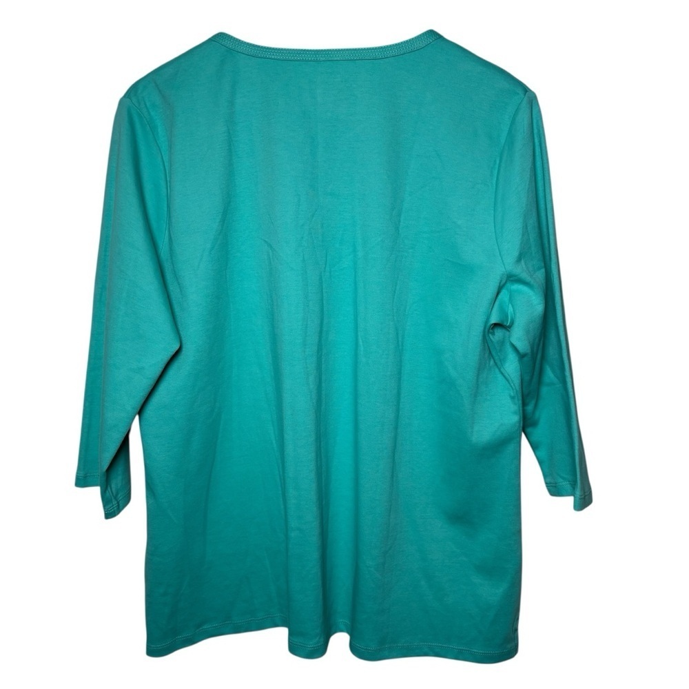 L.L.Bean Top Women's XL Petite Turquoise Blue V-Neck 3/4 Sleeve Coastal Cotton - Picture 2 of 9